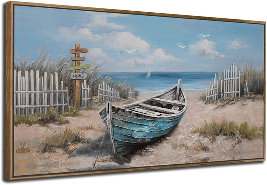 Ardemy Framed Canvas Wall Art Extra Large Boat Bedroom Pictures Wall Decor Living Room, Beach Seascape Paintings Wall Decor Textured Artwork for Kitchen Dining Room Home Office, 48"x24"