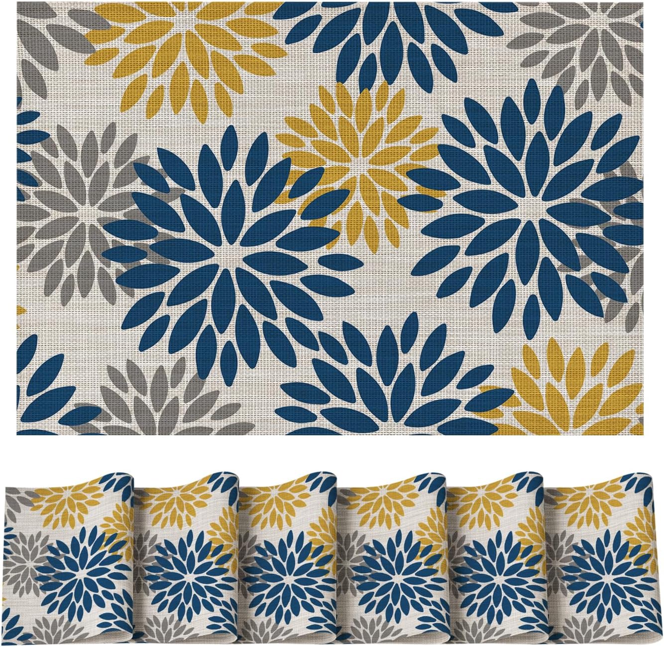 Artoid Mode Floral Vinyl Placemats Set of 6, Heat Resistant Washable Non-Slip Plistic PVC Place Mats for Party Kitchen Dining Decor, Blue Yellow