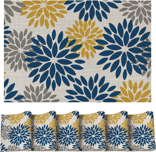 Artoid Mode Floral Vinyl Placemats Set of 6, Heat Resistant Washable Non-Slip Plistic PVC Place Mats for Party Kitchen Dining Decor, Blue Yellow