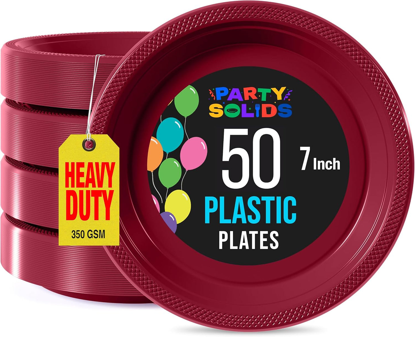 Exquisite Party Solids Burgundy Plastic Plates For Party Supplies 7" Burgundy Disposable Plates Heavy Duty 50 Pcs Plastic Dinnerware Sets Heavy Duty 350 GSM Disposable Dinnerware Set