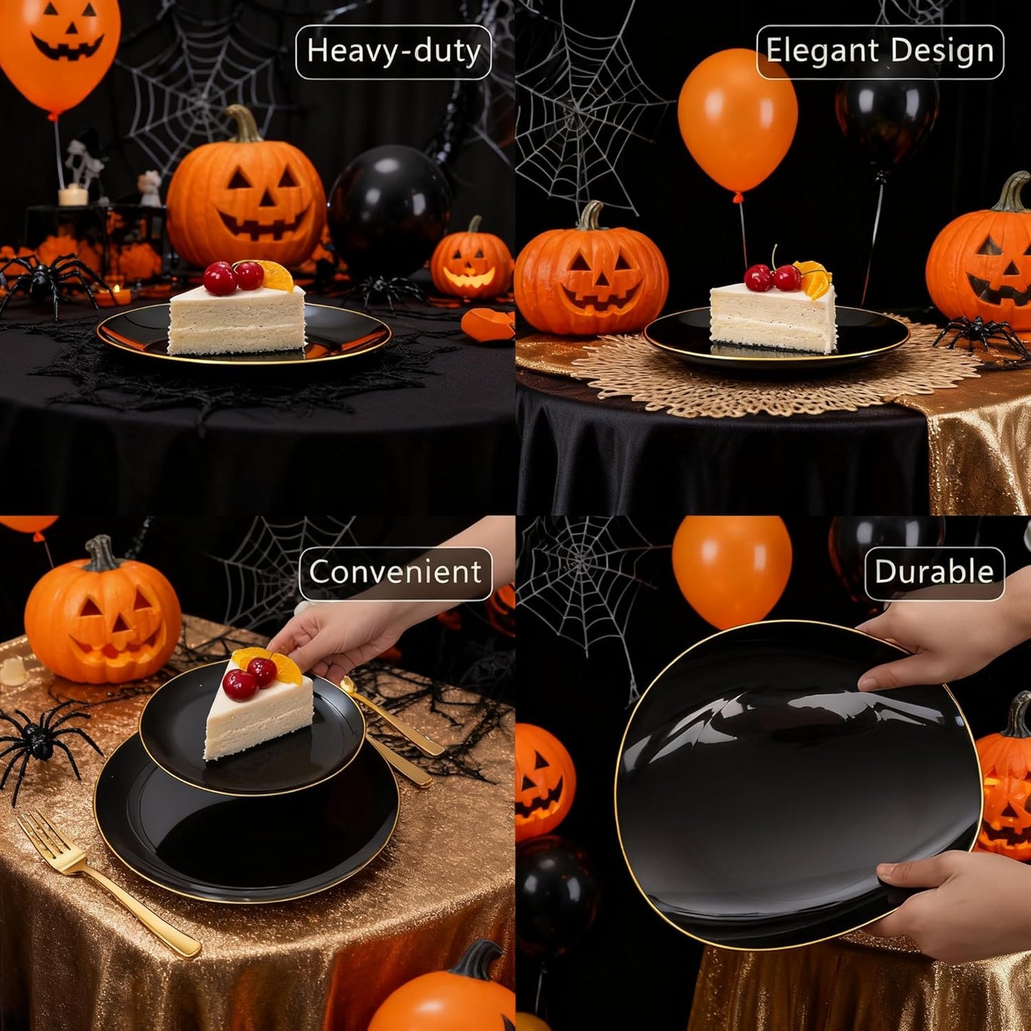 WDF 150PCS Black Plastic Plates - Black and Gold Plates Disposable - 25guest Disposable Dinnerware Sets for Party/Wedding/Halloween/New Year