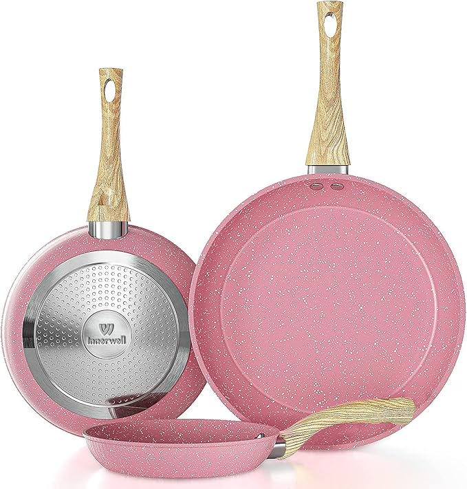 Frying Pan Nonstick Set, 8" & 9.5" & 11" Pink Egg Pan, Non Stick Fry Pan Set PFOA-Free Omelet Pan, Toxin-Free Skillets Stone Cookware, Anti-Warp Base with All Stove Tops Available,Induction Compatible