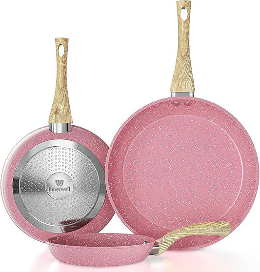 Frying Pan Nonstick Set, 8" & 9.5" & 11" Pink Egg Pan, Non Stick Fry Pan Set PFOA-Free Omelet Pan, Toxin-Free Skillets Stone Cookware, Anti-Warp Base with All Stove Tops Available,Induction Compatible