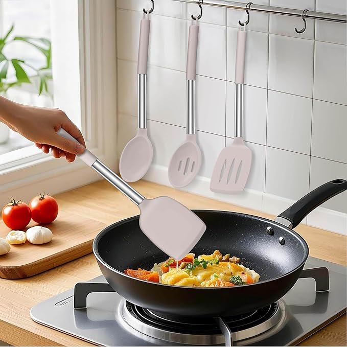 LIANYU 4Pcs Kitchen Utensils Set, Silicone Cooking Utensil Spatula Set, Heat Resistant Kitchen Tools for Nonstick Cookware, Stainless Steel Handle, Dishwasher Safe, Khaki