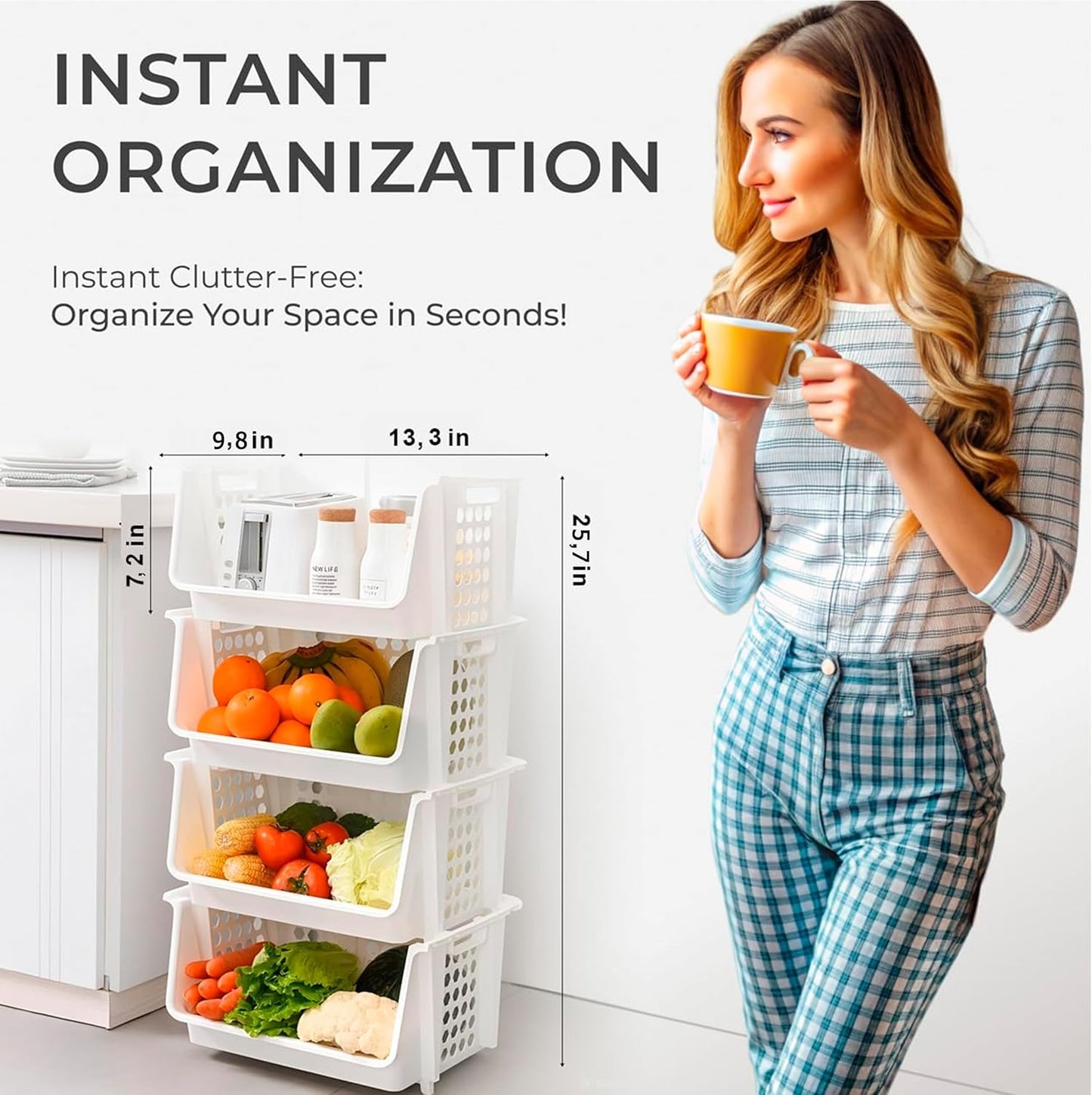 Skywin Small Plastic Stackable Storage Bins for Pantry White - 4-Pack Stackable Bins For Organizing Food, Kitchen, and Bathroom Essentials (White)