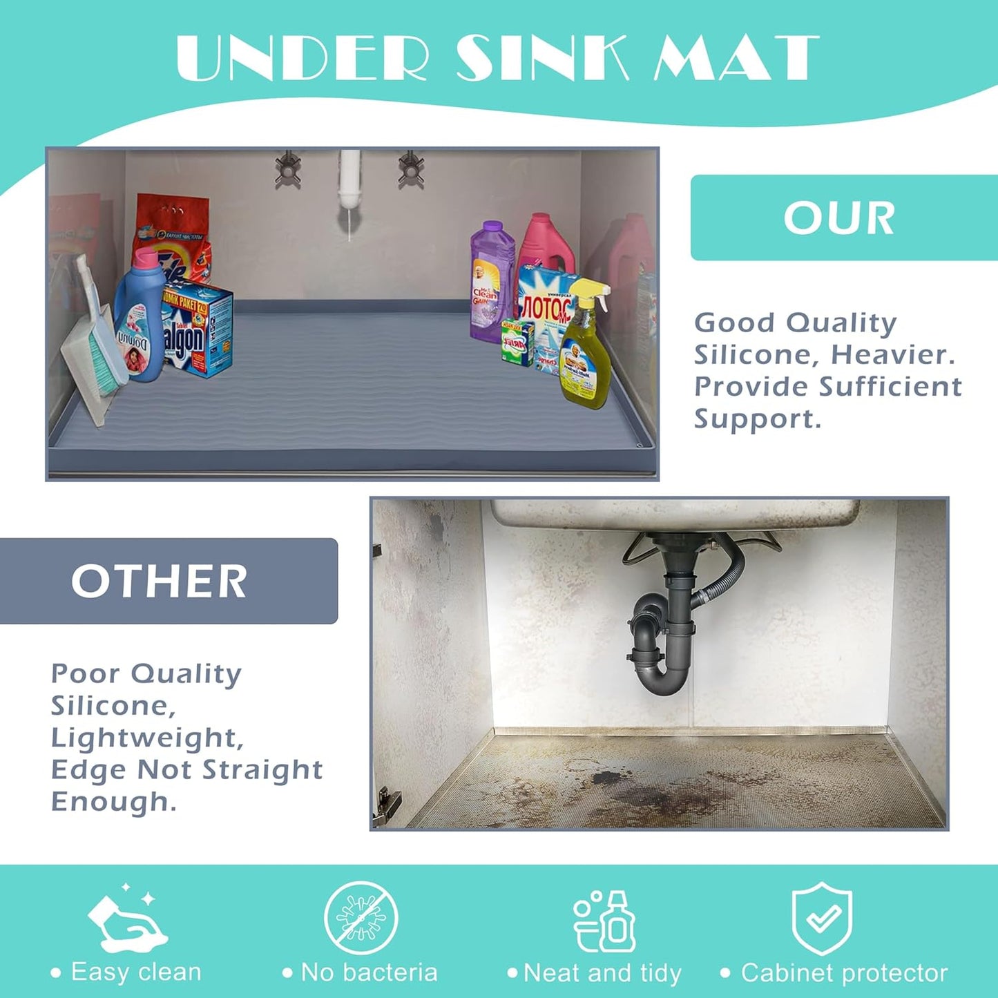 URMONA 34'' x 19'' Waterproof Silicone Under Sink Mat Cabinet and Counter Protector, Shelf Liner for Kitchen and Bathroom, Storage and Organizers, Litter Mat, Pet Cat Puppy Essentials（Charcoal）