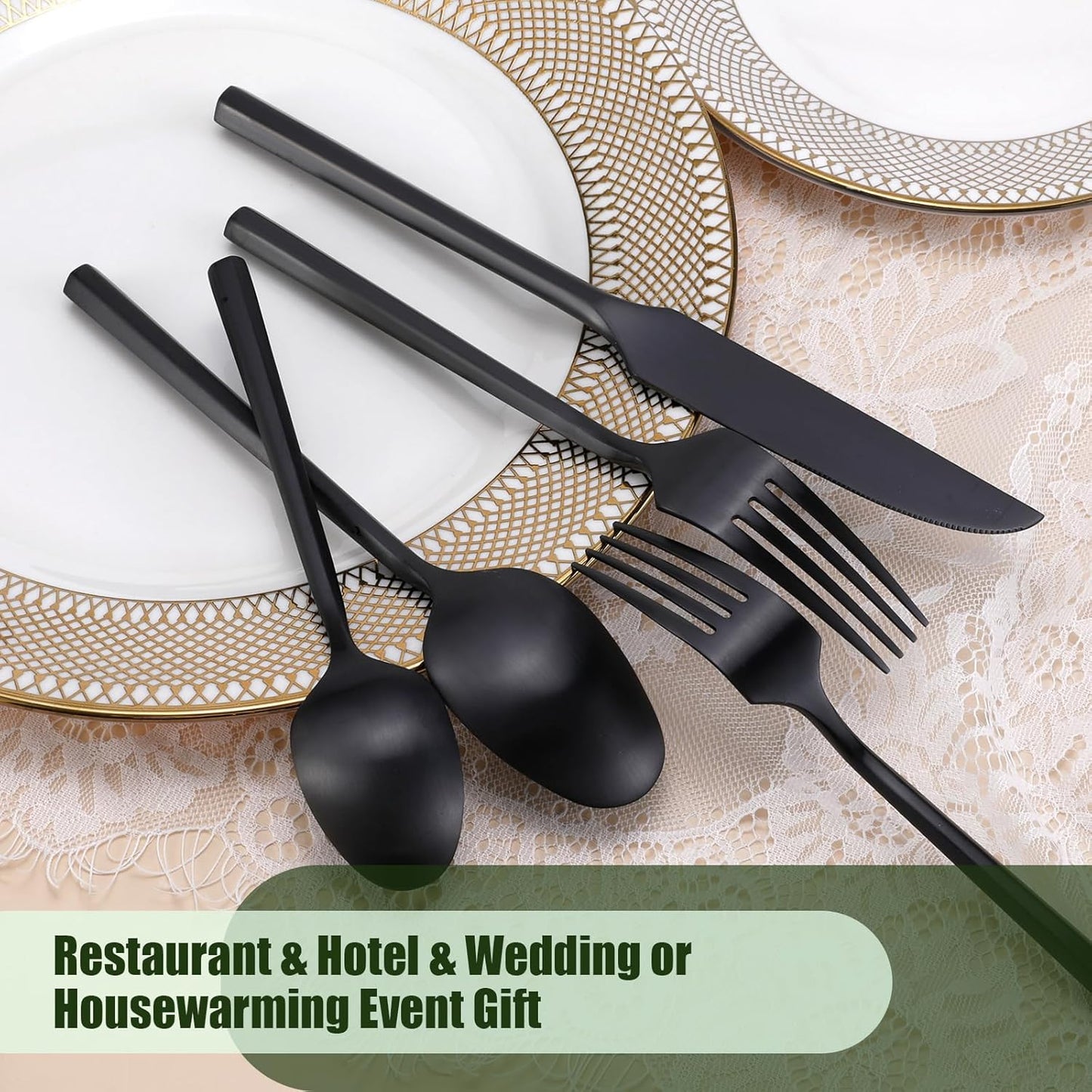 DEACORY Silverware Set Flatware Set Matte Black Cutlery Set Brushed Finished Hexagon Handle Heavy Stainless Steel 60 Pieces Dishwasher Safe Service for 12