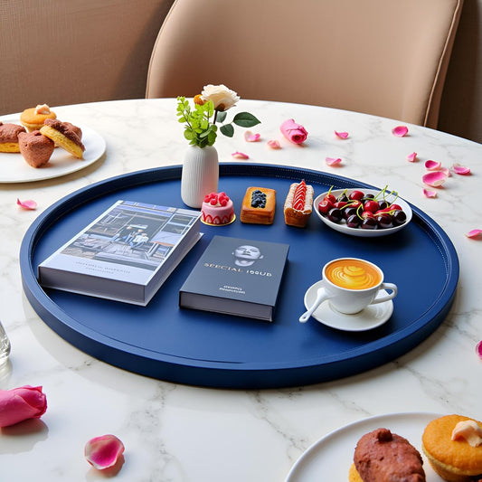 30-inch Round Ottoman Serving Tray - Textured PU Leather Coffee Table Decor, Waterproof Heat-Resistant Large Organizer for Home, Office, Bed & Party Essentials (Navy Blue, 30)