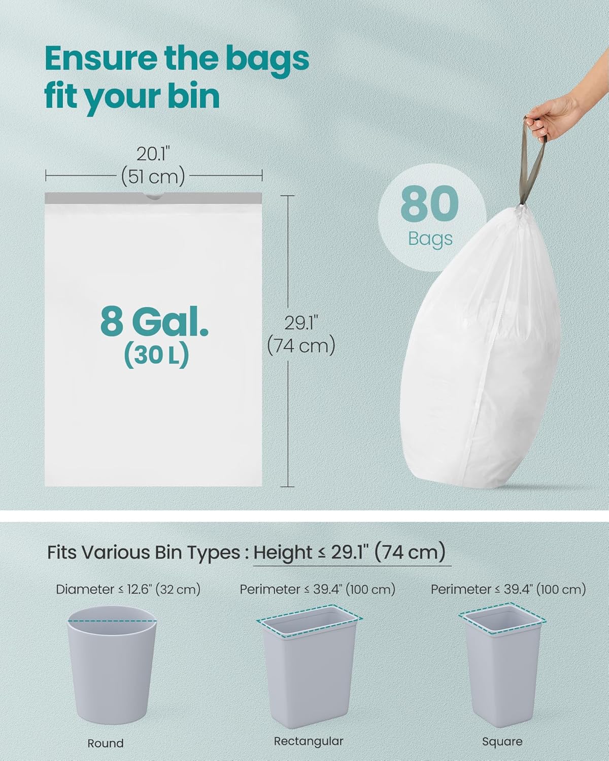 SONGMICS Trash Bags for 8-Gallon (30 L) Trash Cans, Drawstring Kitchen Garbage Bags, Pre-Separated, Quick-Dispense Box, Liner Code H, 2 Rolls, 80 Count, White UKRB031A02