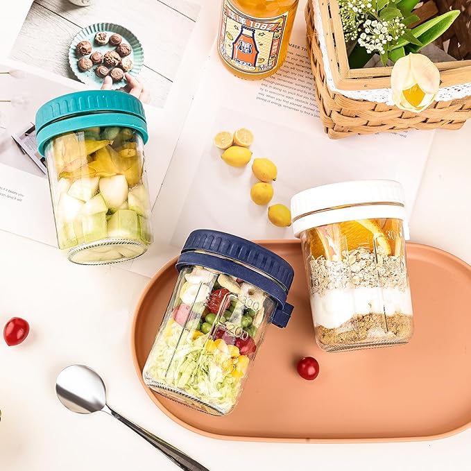 YUNCANG 6 Pack 16oz Overnight Oats Containers with Lids and Spoons, Glass Mason Overnight Oats Jars, Large Capacity Airtight Jars for Milk, Cereal, Fruit