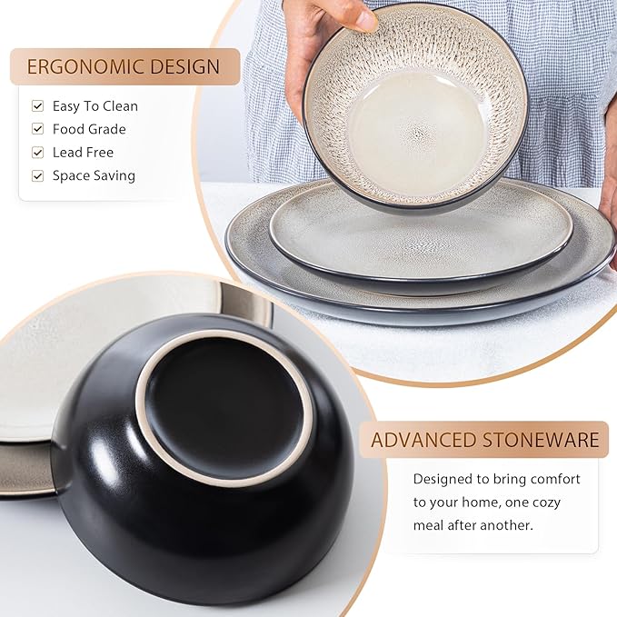 Plates and Bowls Sets for 4 - CJDC-QUELO 12-Piece Stoneware Dinnerware Sets, Ceramic Dishware Set for Kitchen Use and Formal Dining, Chip and Scratch Resistant Microwave Dishwasher Safe, Brown