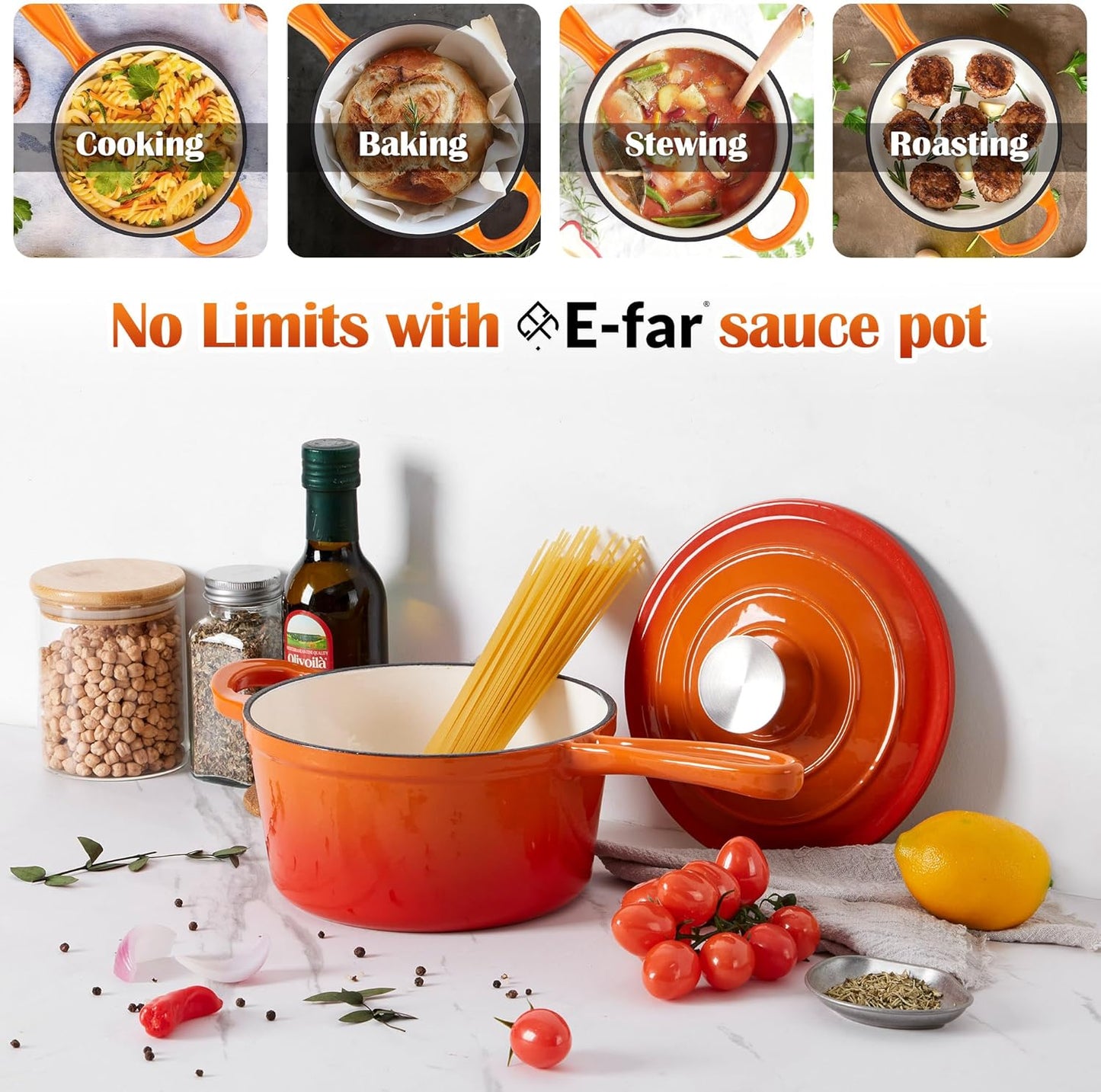 E-far Sauce Pan Set with Lid, 1Qt & 2Qt Enameled Cast Iron Pot Sets for Kitchen Cooking, Small Heavy Duty Dutch Oven Saucepans & Self-basting Lids, Induction-Ready & Easy Clean, Orange