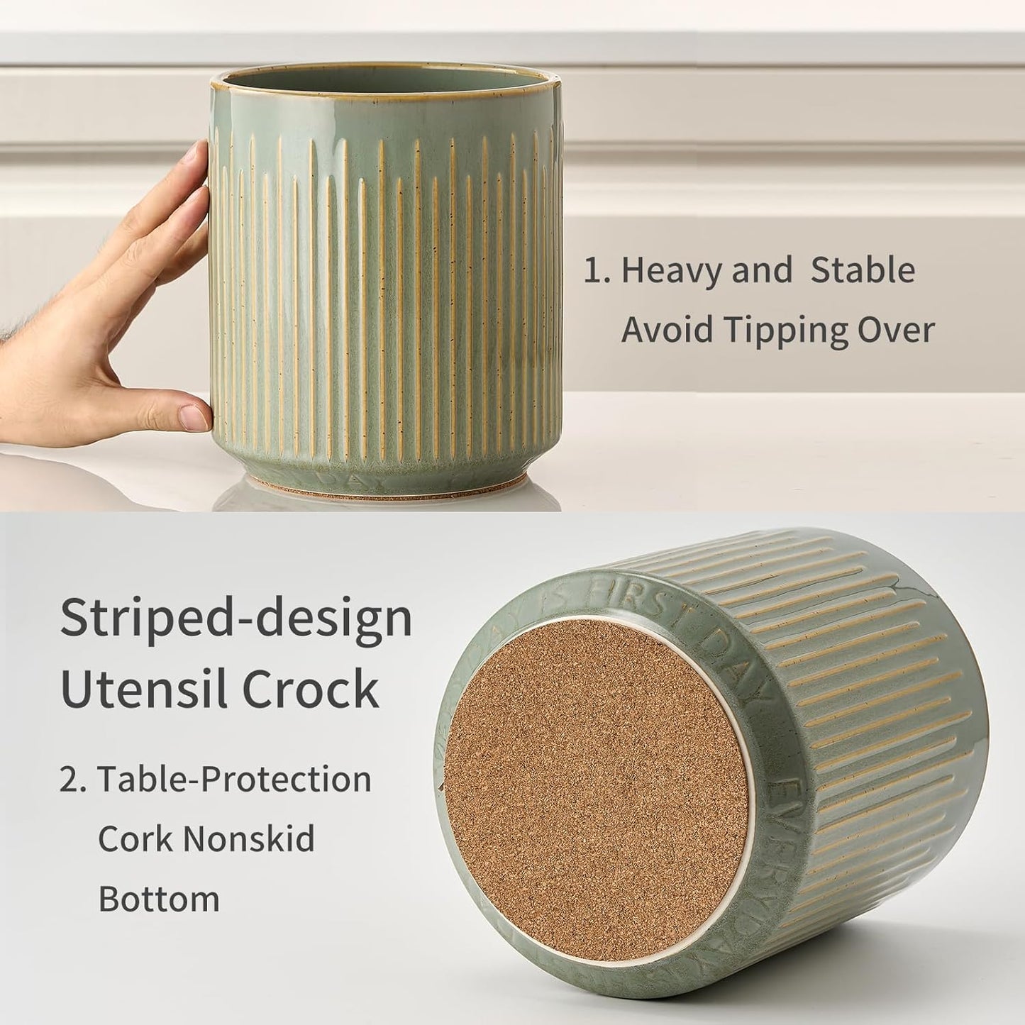 JIEMEI HOME Kitchen Utensil Holder, Ceramic Stable Utensil Crock for Countertop, 7.2" Large Utensil Organizer with Cork Mat, Removable Bamboo Divider for Kitchen Décor and Accessories, Green