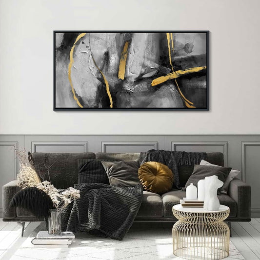 Large Framed Wall Art Decor - Abstract Black and Gray Wall Pictures Living Room Hand-Painted Dream Painting Golden Canvas Prints as Bedroom Kitchen Dining Room Cafe Home Decor 24X48 In