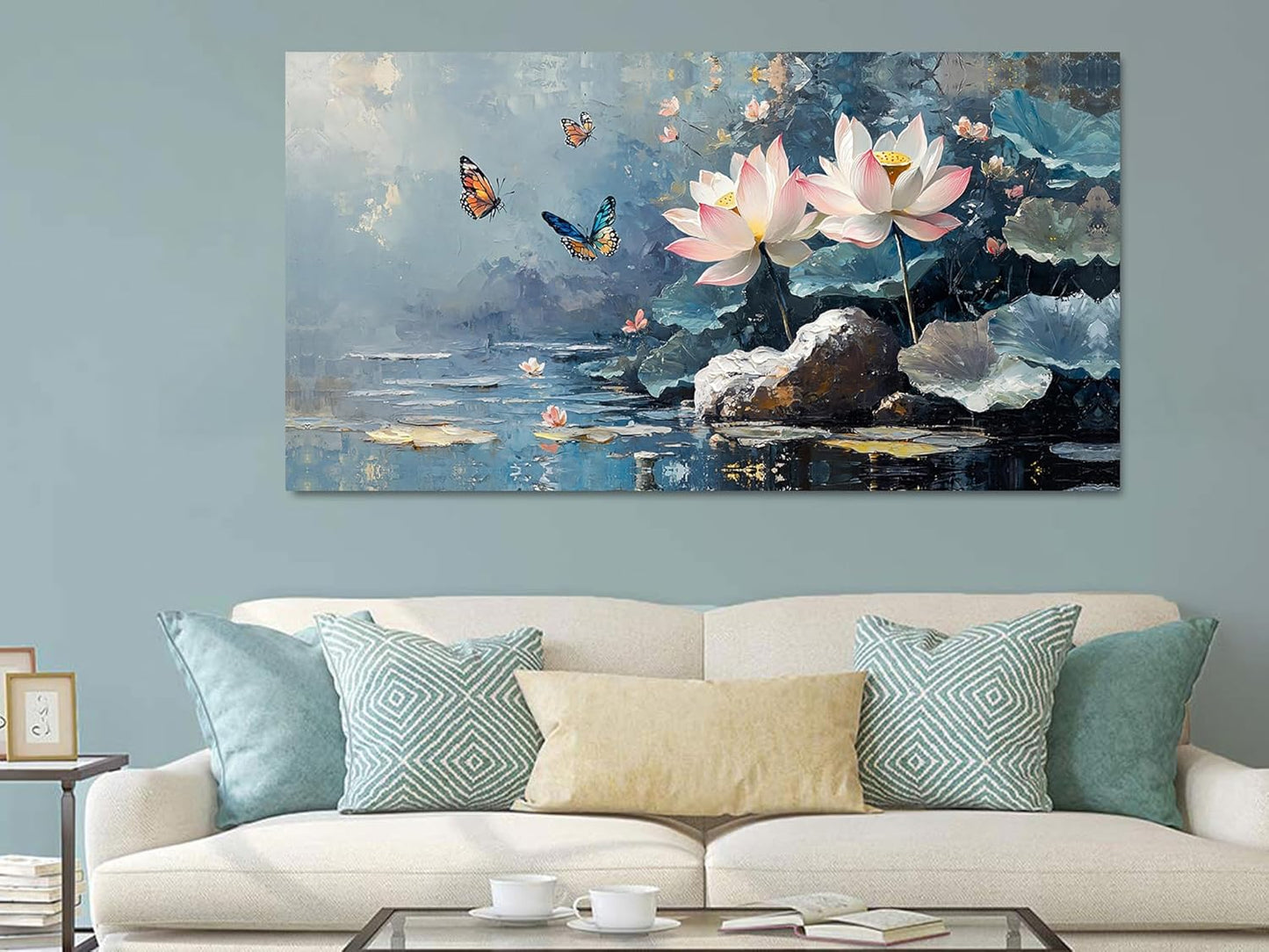 Ardemy Lotus Wall Art for Living Room Butterfly Large Canvas Art Wall Decor Textured Pictures Artwork Bedroom Kitchen Dining Home Office, Large 48"x24"