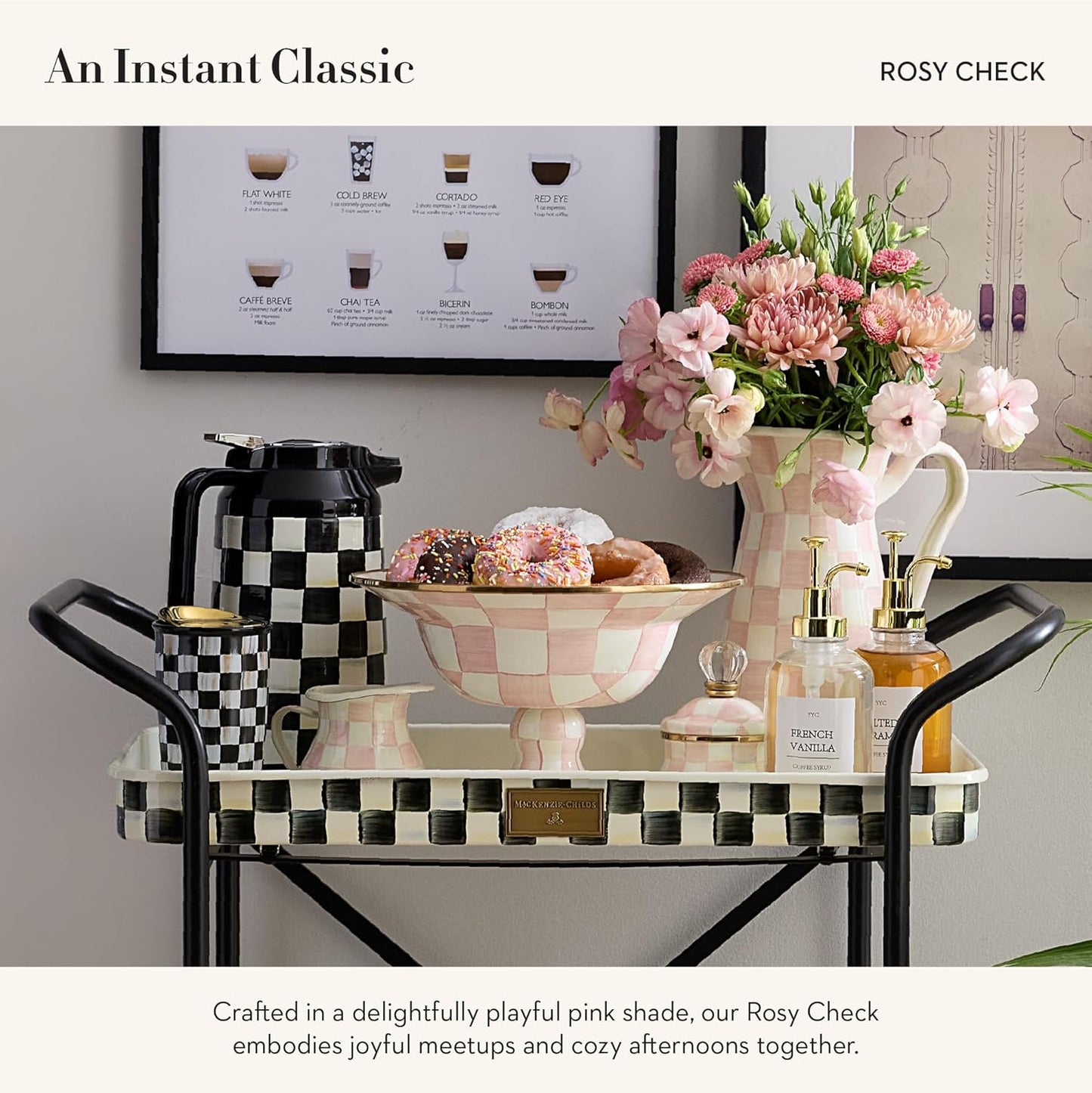 MACKENZIE-CHILDS Enamel Compote, Cute Enamel Pedestal Serving Dish or Decorative Bowl, Large, Pink-and-White Rosy Check