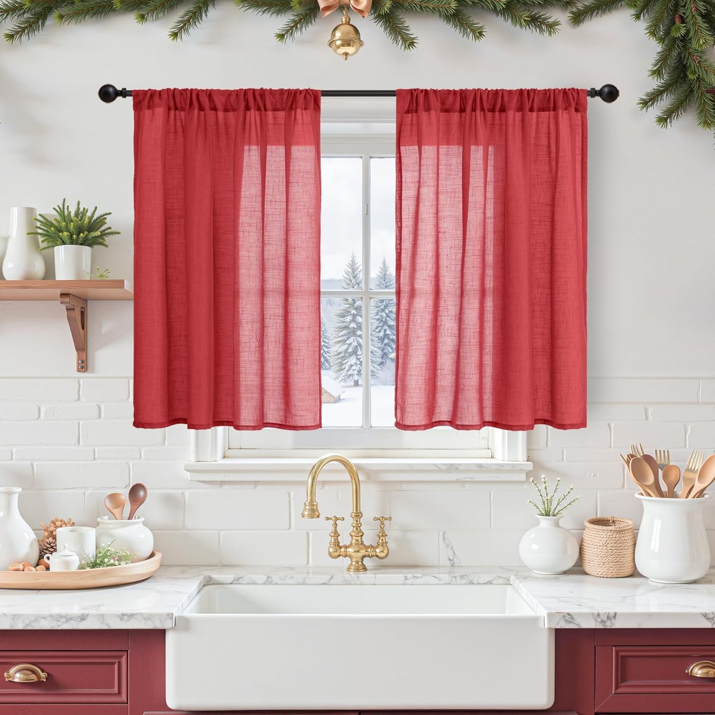 BGment Red Kitchen Curtains 36 Inch Length, Short Semi Sheer Drapes Lightweight Textured Rod Pocket Christmas Decor for Bathroom Cafe Windows Over Sink, 2 Panels Set, Each 42 Inch Wide