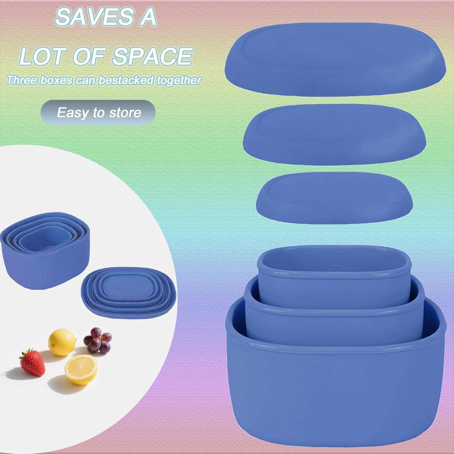 Reusable Nesting Silicone Food Storage Containers, Set of 3 Lunch Box Bento with Lids, Airtight Snack Container, BPA Free, Dishwasher Microwave Oven Freezer Safe (6.7oz, 10oz, 20oz) (Royal Blue)