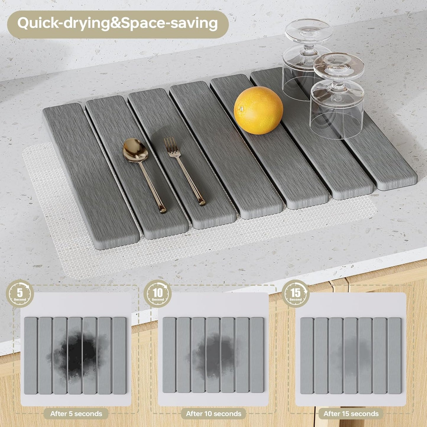 5 PCS 16" x 12" Stone Dish Drying Mat for Kitchen Counter, Quick Dry Stone Mat Diatomaceous Earth, Super Absorbent Drying rack for Dishes, Cups in Kitchen and Bathroom, Fits Any Countertop