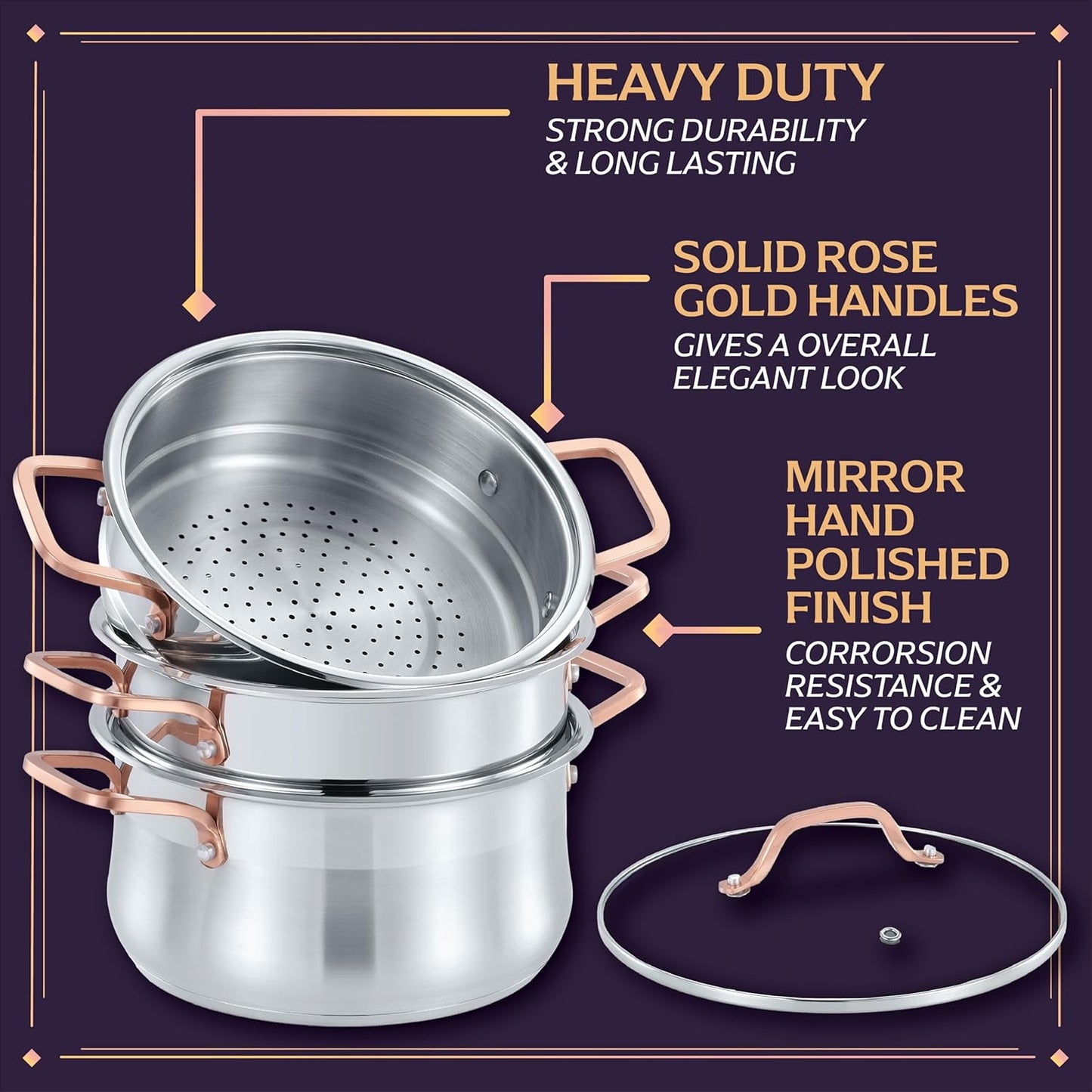 CONCORD Premium Stainless Steel 3 Tier Steamer w/Rose Gold Handles 26 cm