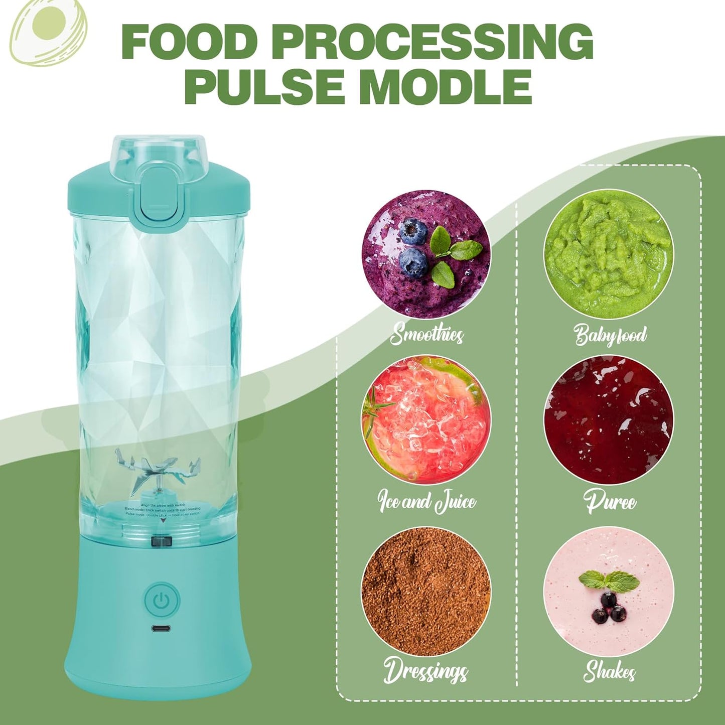 Mint Blue Portable Blender - 270W USB Rechargeable, Waterproof, 20 oz BPA Free Cup & Travel Lid for Shakes & Smoothies