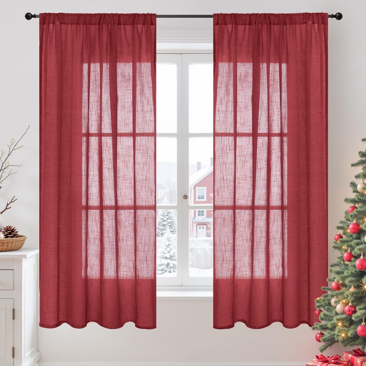 BGment Burgundy Linen Curtains 63 Inches Long for Living Room, Semi Sheer Window Drapes Lightweight Rustic Country Textured Rod Pocket Christmas Decor for Dining Bedroom, 2 Panels, Each 42 Inch Wide