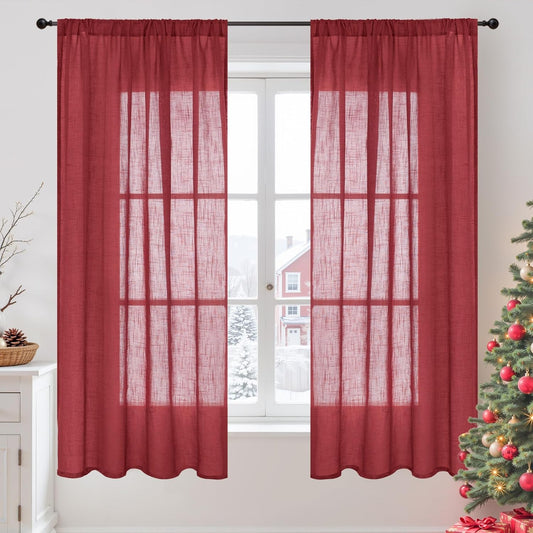 BGment Burgundy Linen Curtains 63 Inches Long for Living Room, Semi Sheer Window Drapes Lightweight Rustic Country Textured Rod Pocket Christmas Decor for Dining Bedroom, 2 Panels, Each 42 Inch Wide
