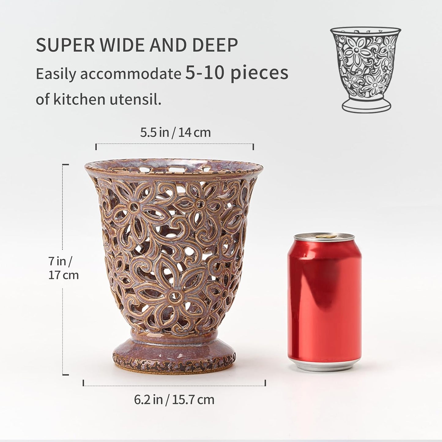 Utensil Holder for Kitchen Counter, Modern Farmhouse Cooking Utensil Holder and Crock Home Kitchen Decor, Ceramic Utensil Organizer for Spatula, Ladle, Eggbeater, Rolling Pin- Kiln-Transformed Purple