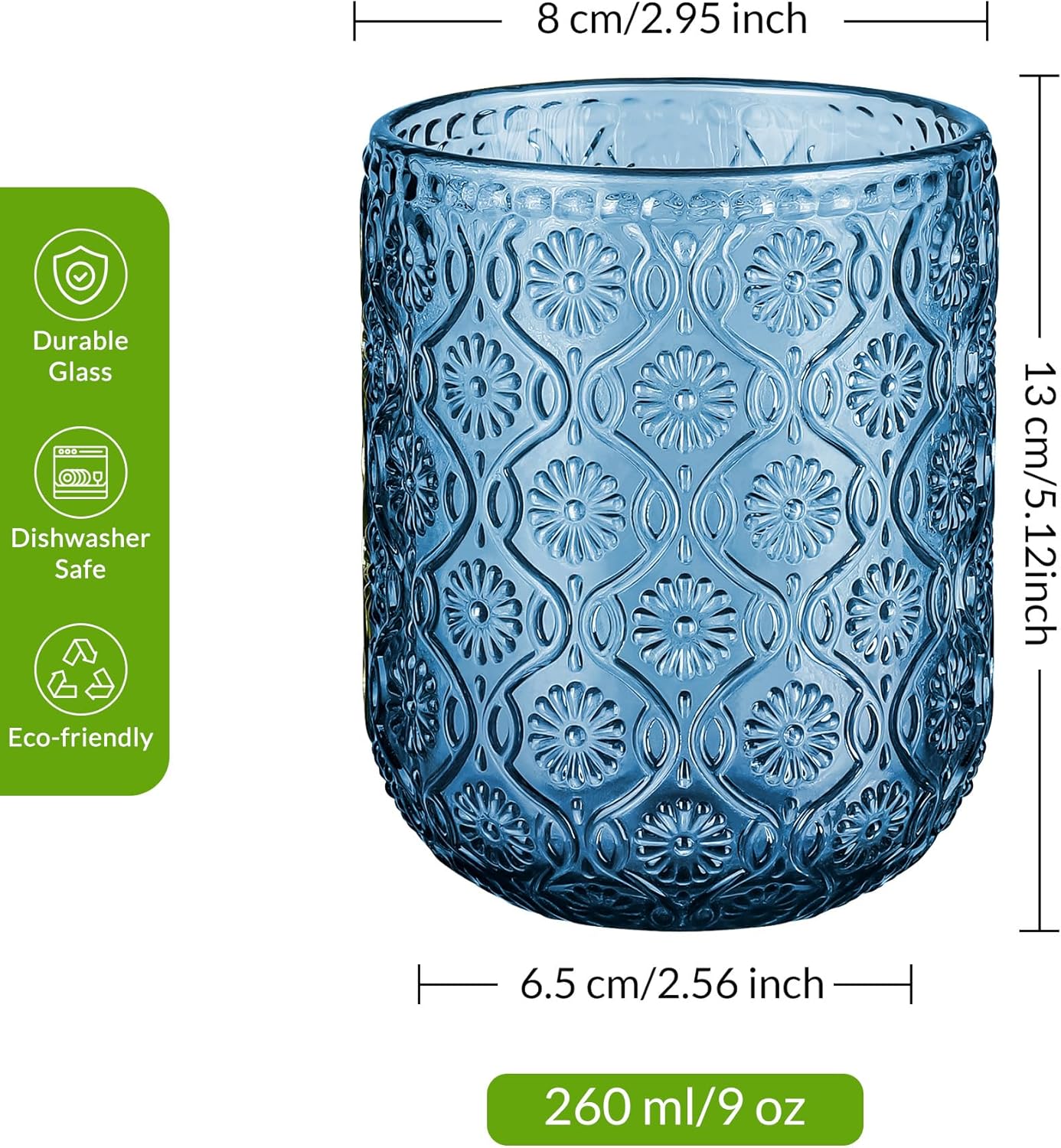 Joeyan Small Blue Drinking Glasses,Vintage Embossed Floral Water Glass Tumbler Cups,Colored Beverages Cocktail Juice Wine Glassware,9 oz,Set of 4,Dishwasher Safe