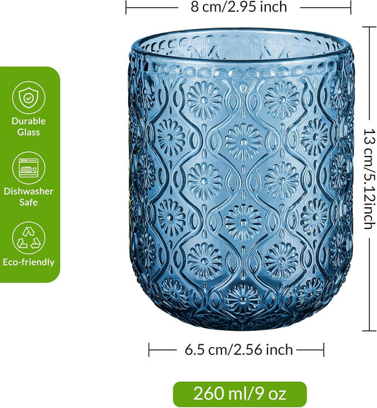 Joeyan Small Blue Drinking Glasses,Vintage Embossed Floral Water Glass Tumbler Cups,Colored Beverages Cocktail Juice Wine Glassware,9 oz,Set of 4,Dishwasher Safe