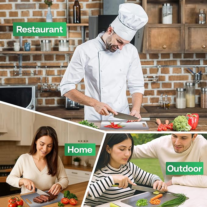 Stainless Steel Cutting Board - Titanium Cutting Boards for Kitchen,Double-Sided Food Grade Non Toxic Cutting Board,Chopping Boards for Home Outdoor Camping Meal Prep,Easy to Clean, L 15.4" * 11"