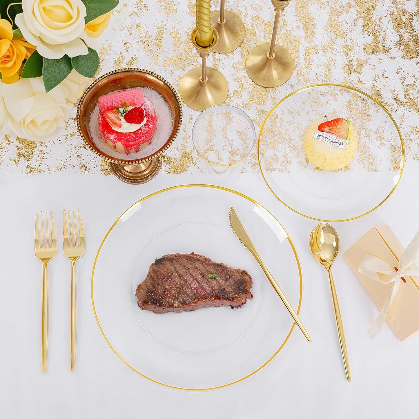 EI 180pcs Gold Plastic Plates,Clear Plates with Gold Trim,Plastic Plate for Party,Clear Dinnerware Set Silverware Cups for Baby Shower,Wedding