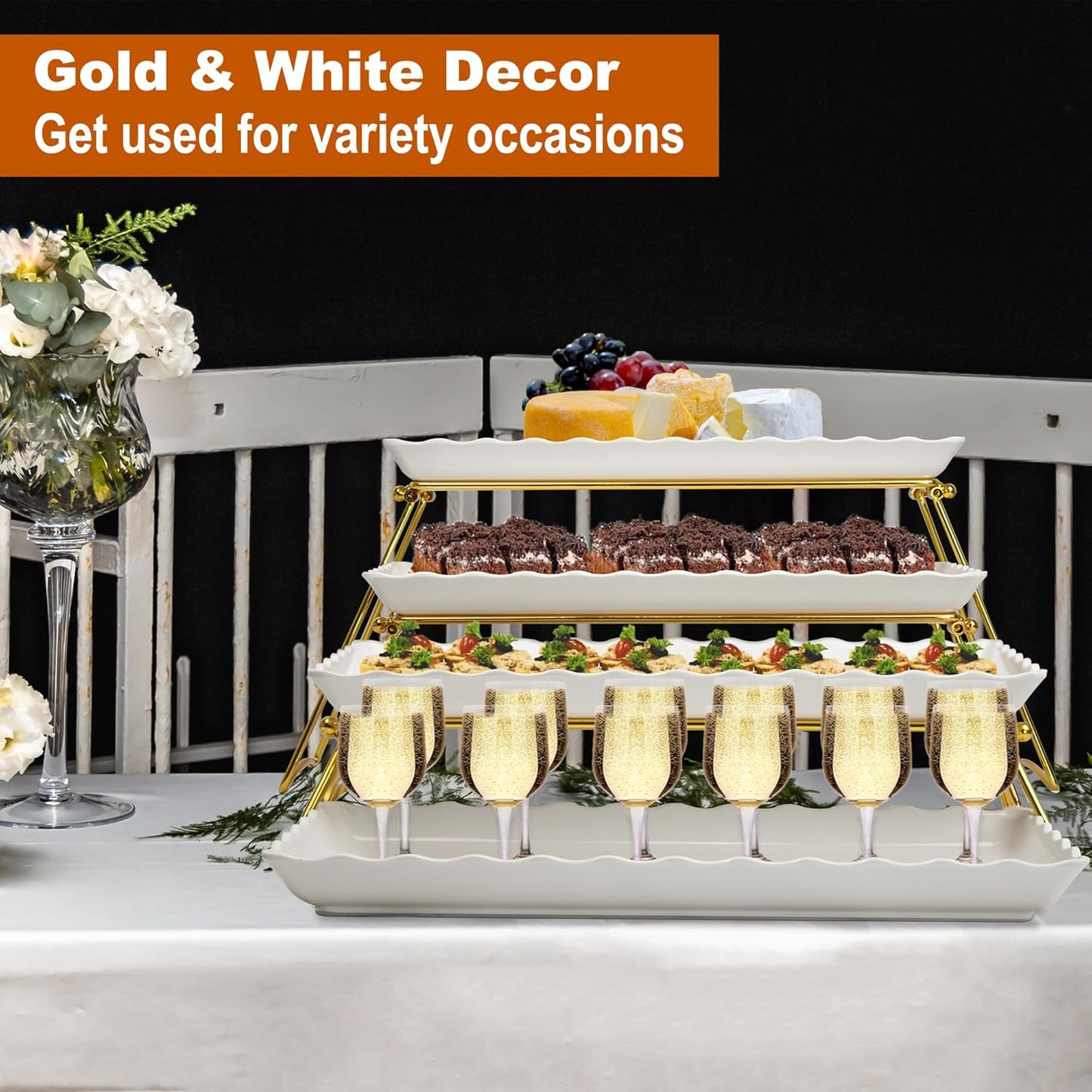 KAQAHIDO Extra Large 4 Tier Serving Tray Set, 34x22x10 inch Wave Edge Melamine Dessert Table Display Set, Tiered Trays Stand for Party Buffet Entertaining, Gold and White