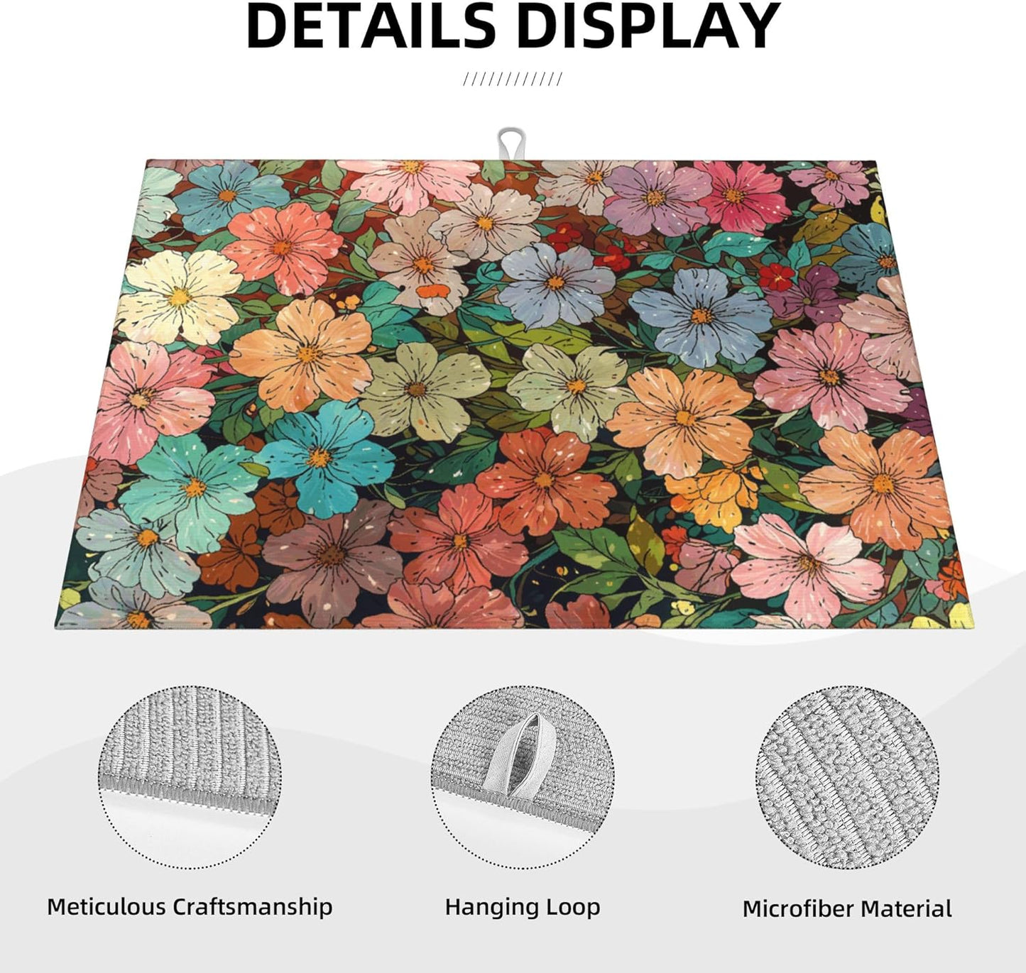 Colorful Wildflowers Dish Drying Mat for Kitchen Counter, 18"x24" Microfiber Absorbent Fast Dry Mat, 2Pcs Dish Mat Faucet Mats Sets, Large Drying Kitchen Mat Kitchen Drying Pad Coffee Bar Decor Gifts