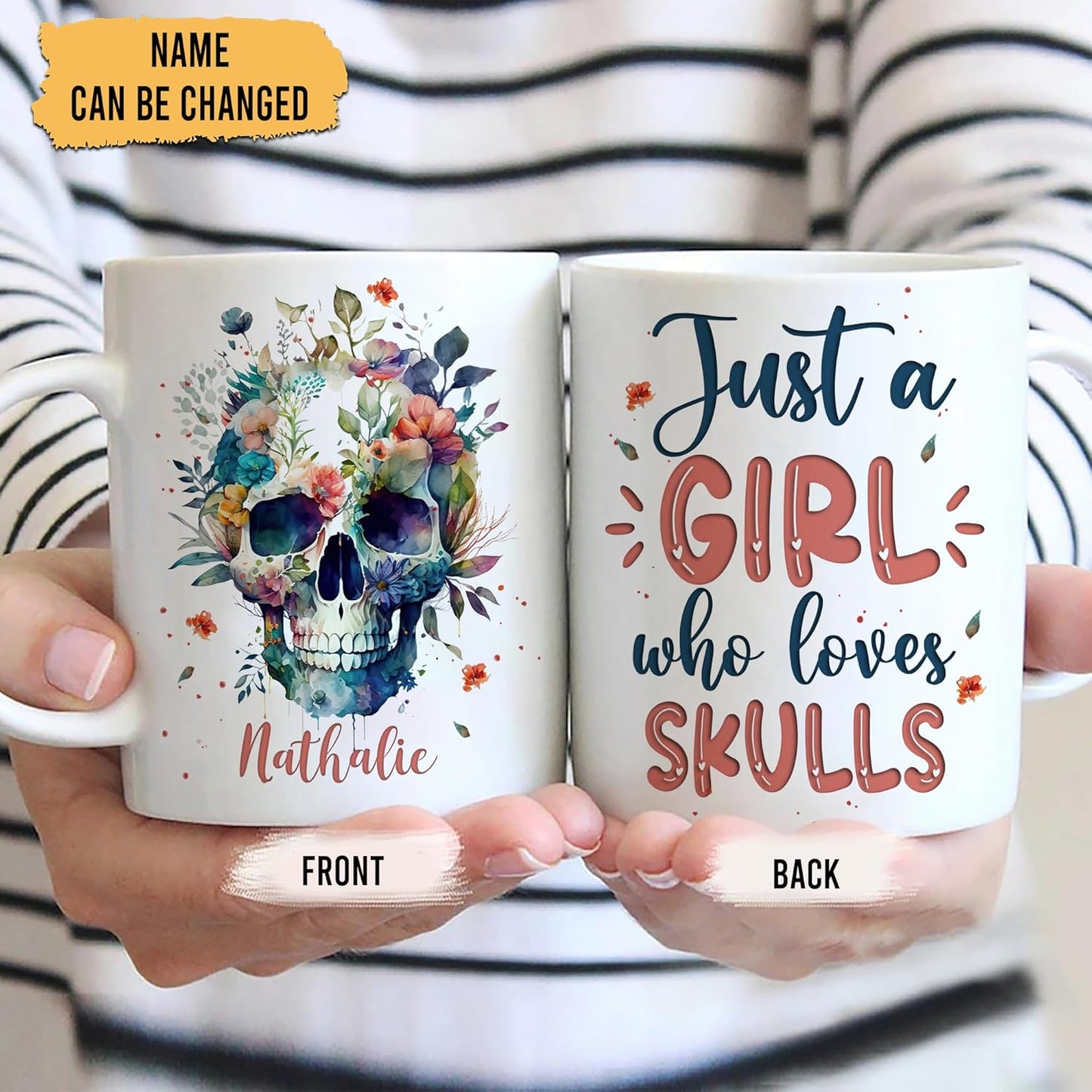 Hyturtle Personalized Gifts Skull Lover - Just A Girl Who Loves Skulls Custom Name Ceramic Coffee Mug Cup 11oz - Idea Skull Lovers Gifts For Women, Girl Daughter On Birthday, Christmas