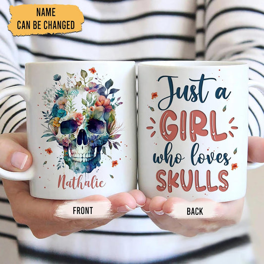 Hyturtle Personalized Gifts Skull Lover - Just A Girl Who Loves Skulls Custom Name Ceramic Coffee Mug Cup 11oz - Idea Skull Lovers Gifts For Women, Girl Daughter On Birthday, Christmas