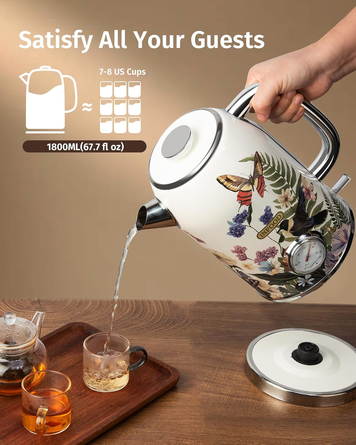 Retro Electric Kettle 1.8L/60.8oz with Thermometer - 1200W Fast Boiling Stainless Steel Tea Kettle with Water Level, BPA-Free, Auto Shut-Off, Boil-Dry Protection, Vintage Floral Design
