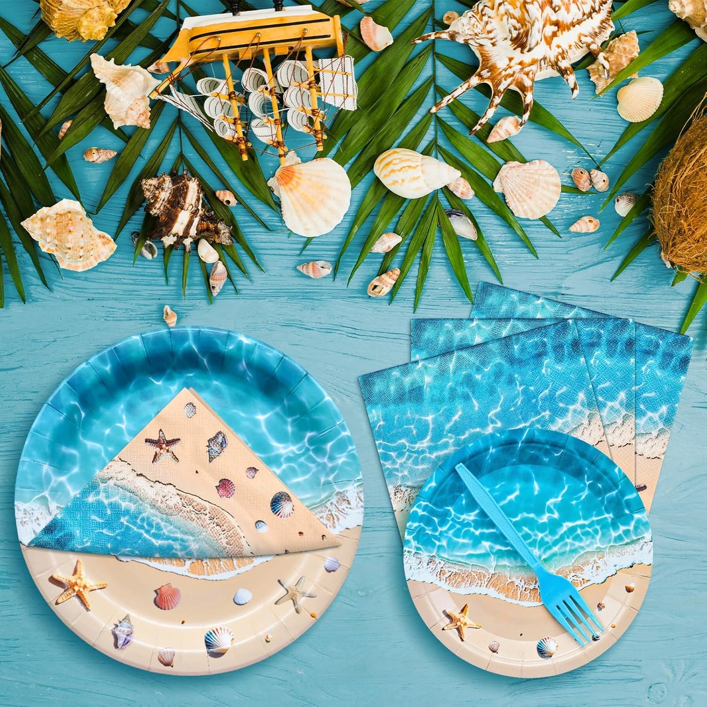 100 Pcs Summer Beach Tableware Party Supplies - Disposable Ocean Waves Hawaiian Dinnerware Set with Plates, Napkins, and Forks for Beach Theme, Luau, Tropical Pool Party Decorations - Serves 25
