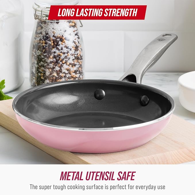 Blue Diamond 8" Nonstick Frying Pan Skillet, Ceramic Diamond Infused PFAS-Free, Dishwasher & Oven Safe, Stay Cool Handle, Durable Non Toxic Metal Utensil Safe, Egg & Omelet Pan, Pink