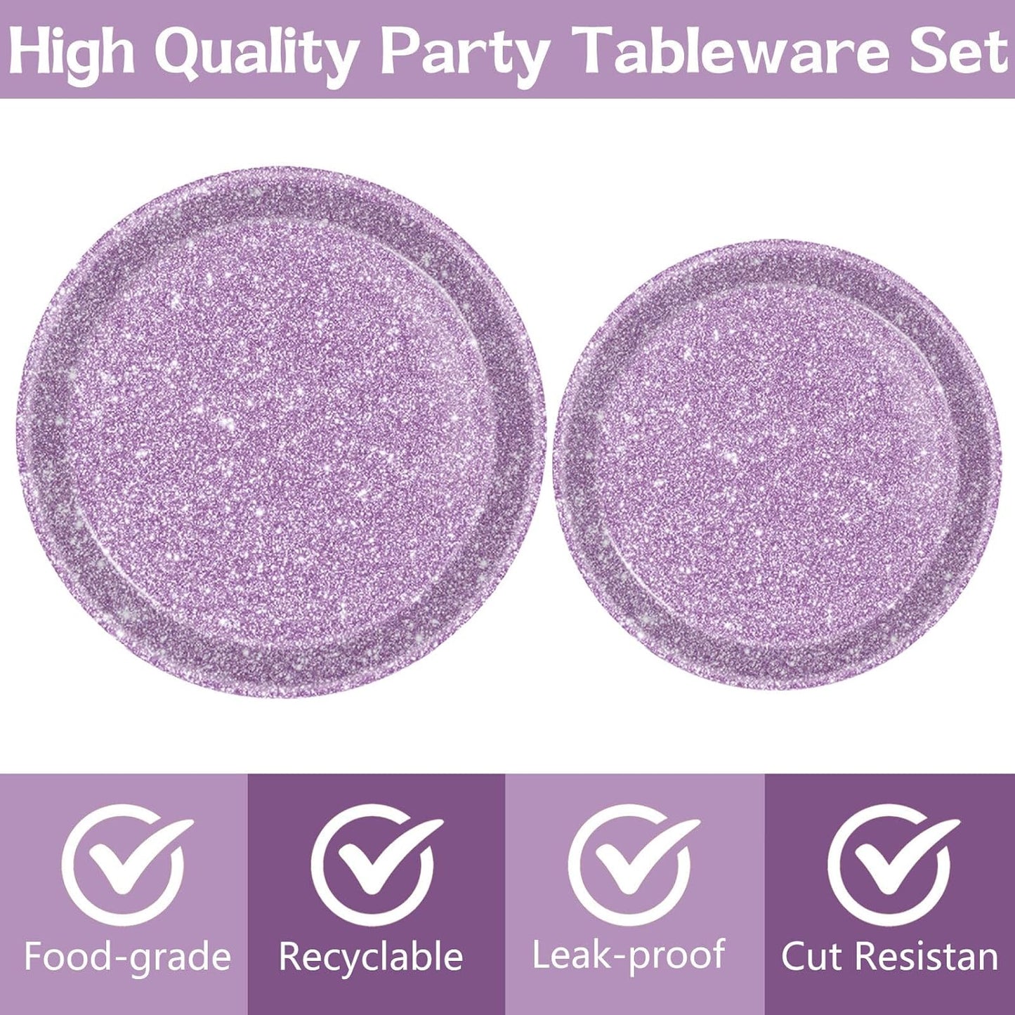 DTDO 96Pcs Pastel Purple Party Tableware Set Paper Plates and Napkins Purple Glitter Party Supplies Dinnerware Set for Women Girl Birthday Party Decorations Wedding Anniversary 24 Guests