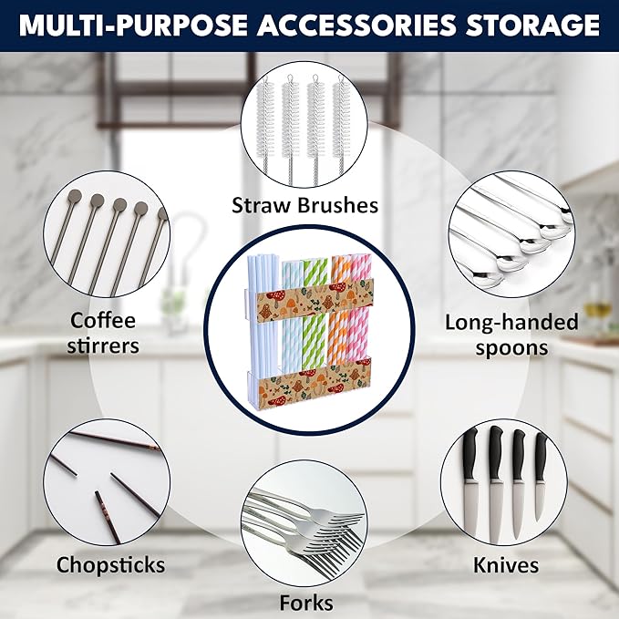 Acrylic Straw Holder for Cabinet Door or Countertop - Clear Organizer & Dispenser with 3 Sets of Decorative Stickers for Reusable Straws, Space-Saving Kitchen Storage, Pantry Organizer