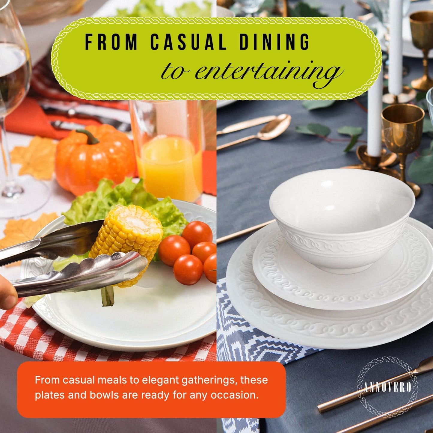 Annovero Plates and Bowls Sets - Dishes Set for 4 - Microwave Safe - 12 Piece Porcelain Dinnerware for Kitchen - Includes 4 Dinner & 4 Appetizer Plates, 4 Cereal Bowls - Zero Lead & Cadmium