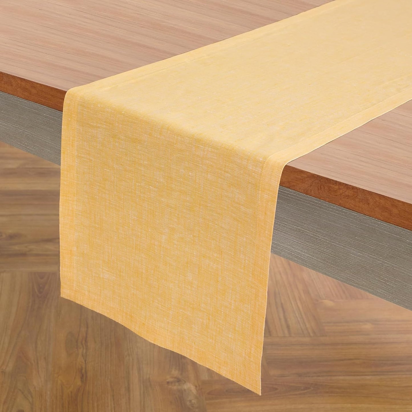 Solino Home Linen Small Table Runner 48 Inches - Athena, 100% Pure Linen Chambray Mustard Yellow Table Runner 14 x 48 Inch Ideal for Dresser and Coffee Tables