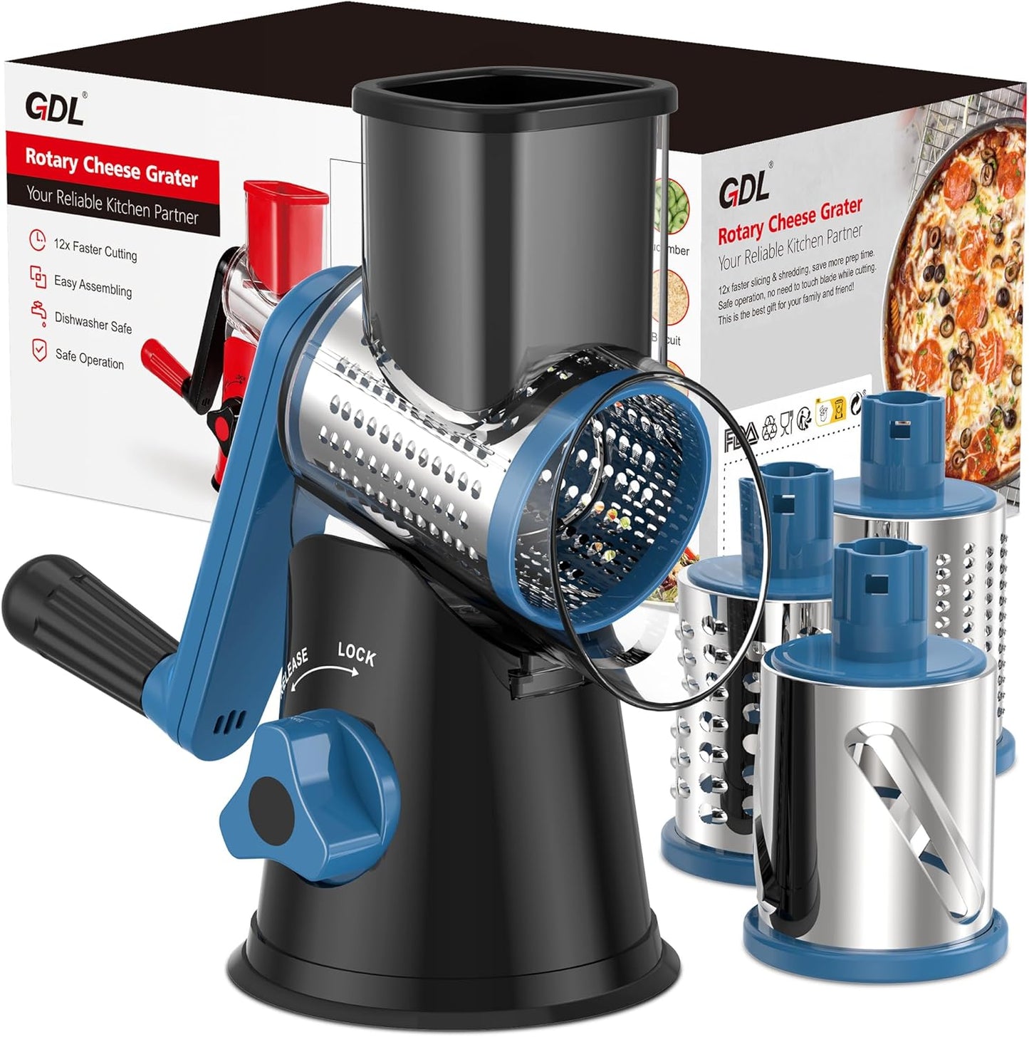 Cheese Grater Rotary, Rotary Grater for Kitchen, Kitchen Vegetable Slicer with 3 Drum Blades, Fast Cutting Cheese Shredder for Vegetables and Nuts