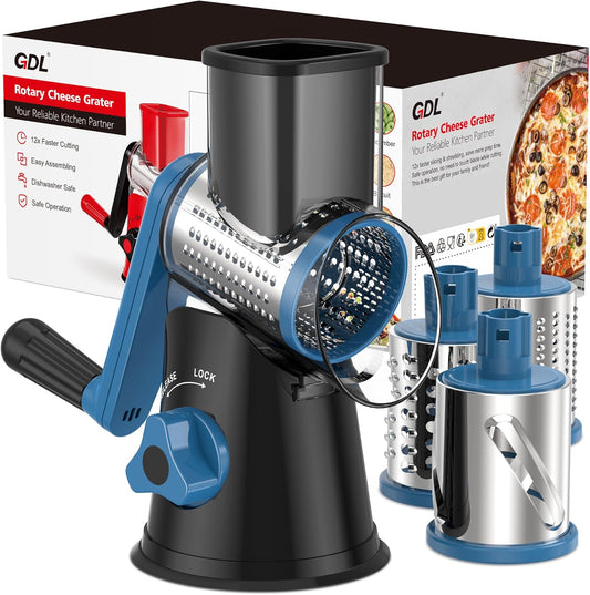 Cheese Grater Rotary, Rotary Grater for Kitchen, Kitchen Vegetable Slicer with 3 Drum Blades, Fast Cutting Cheese Shredder for Vegetables and Nuts