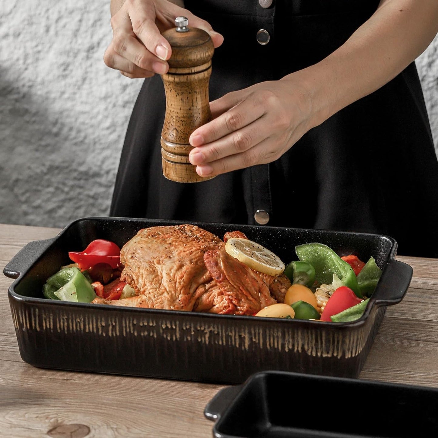 Bakeware Set, Ceramic Baking Dish, Rectangular Baking Pans Set, Casserole Dish for Cooking, Cake Dinner, Kitchen 9 x 13 Inches, 3-Piece, Stripe Series (Rough Black)