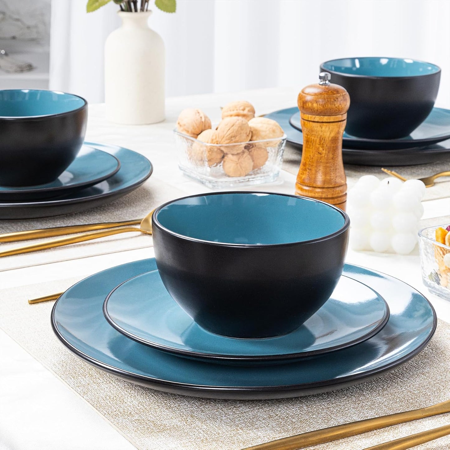 Plates and Bowls Sets for 4 - CJDC-QUELO 16-Piece Stoneware Dinnerware Sets, Ceramic Dishware Set for Indoor Kitchen Use and Formal Dining, Chip and Scratch Resistant Microwave Dishwasher Safe