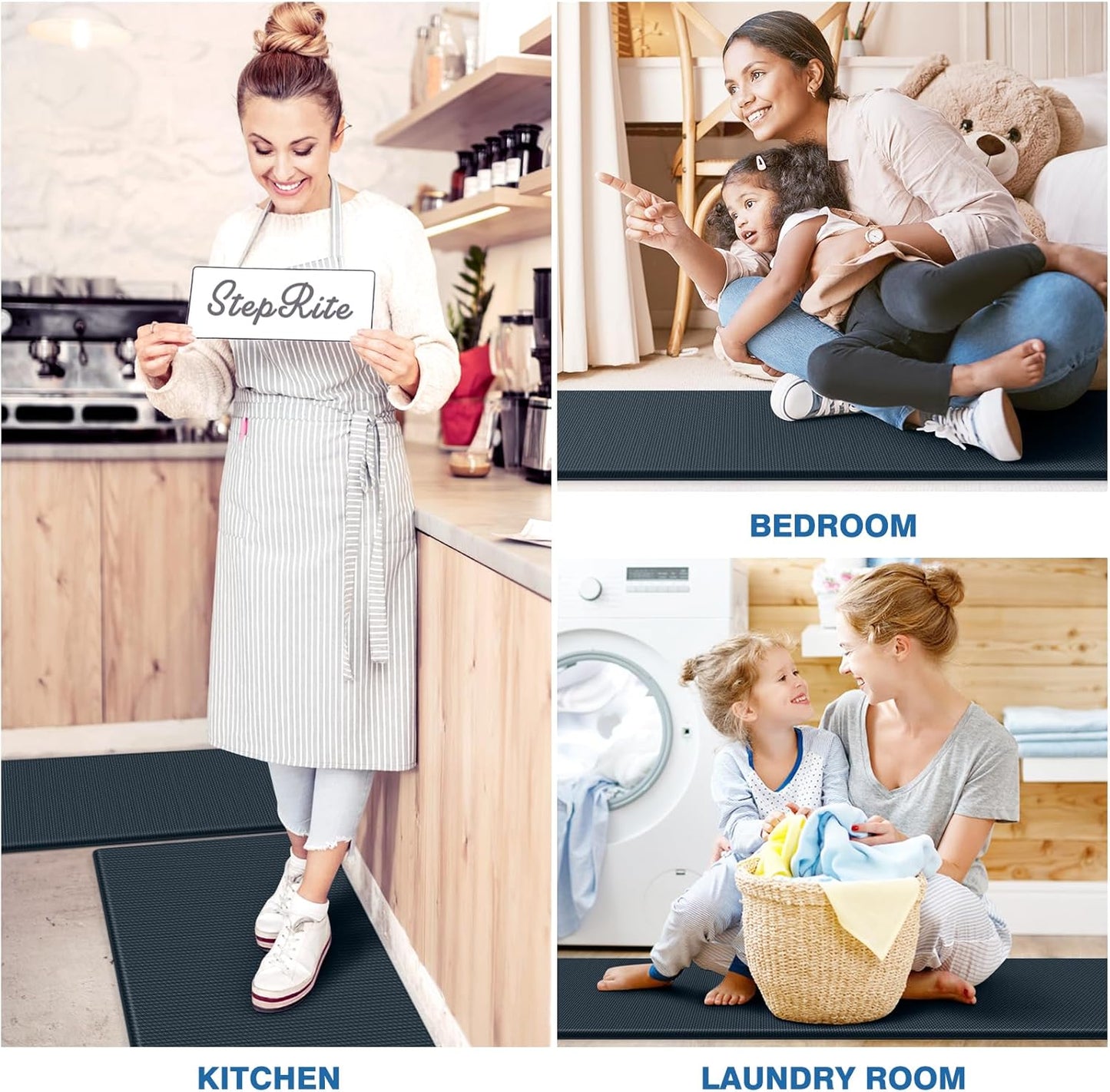 StepRite Kitchen Mats, 2PCS Kitchen Rugs, Cushioned Anti Fatigue Kitchen Mats for Floor, Non-Slip Standing Desk Mat, Waterproof Kitchen Rug Set for Floor, Office, 17.3"x30"+17.3"x47", Dark Charcoal