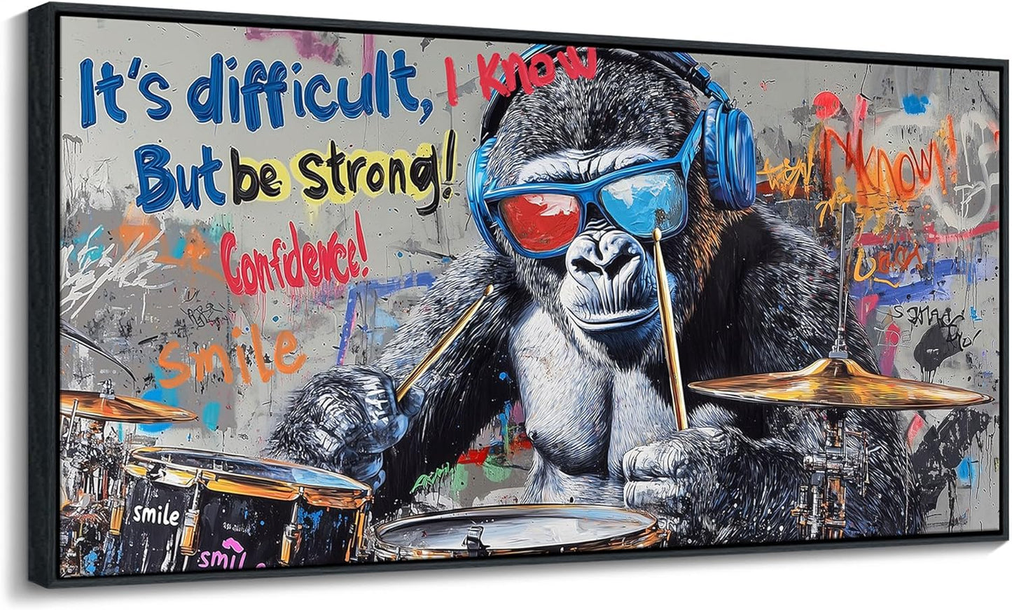 QZQCBLC Large Canvas Wall Art - Abstract Graffiti Gorillas Playing Drums Street Paintings Artwork Black White Pictures for Living room Bedroom Bar Men's Teenager Game Room Home Decor 24X48
