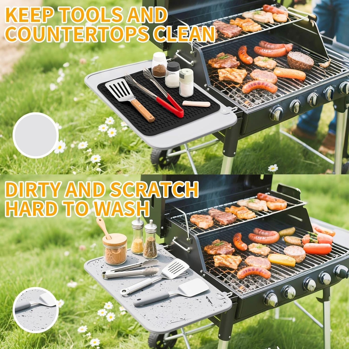 Blackstone Griddle Accessories Silicone Grill Side Shelf Tool Mat, Outdoor BBQ Spatula Mat, with Drip Pad Kitchen Countertop Heat Resistant Mat (Black)
